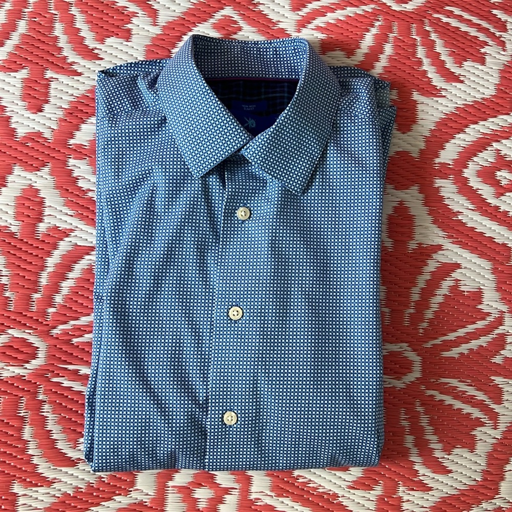 Mens blue and white button down long sleeve Dress Shirt contrasting color cuffs